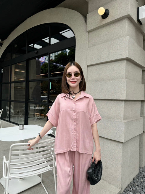Spring Casual Linen Half Sleeves Shirts With Loose Trousers Sets